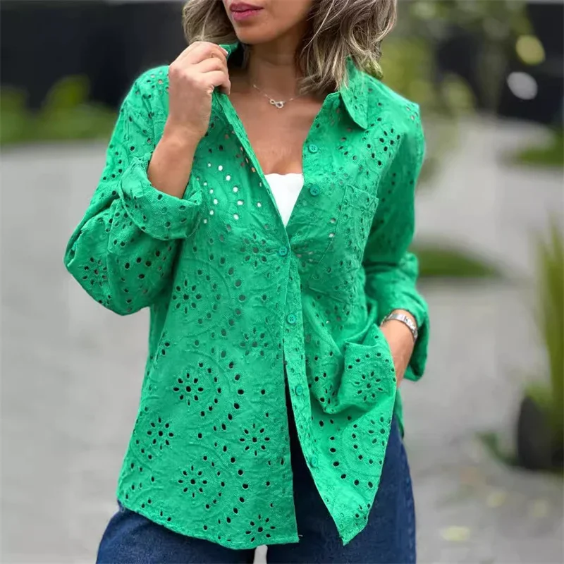 Summer Hollow Out Breathable Shirt Women Lapel Single-breasted Cardigan Blouse Female Commuter Casual Long Sleeve Loose Tops New