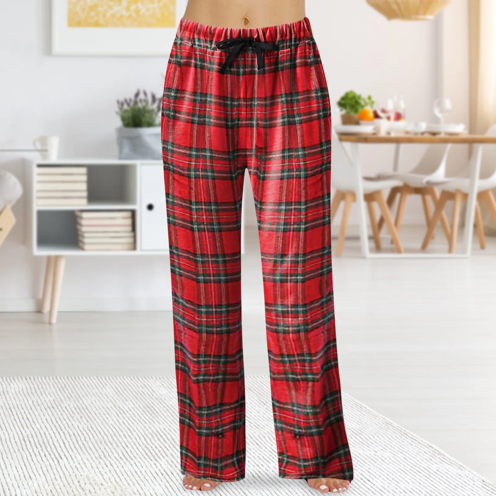 Pantalones de chándal a cuadros rojos para mujer, ropa informal de algodón, pijamas exteriores, pantalones para el hogar, Jersey con bolsillo, pantalones de Navidad, ocio, Moda de Primavera