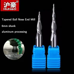 HUHAO Ball Nose End Mill 6mm Shank Carbide Spiral Tapered Router Bit Wood Milling Cutter 2 Flutes CNC Carving Bits for Aluminum