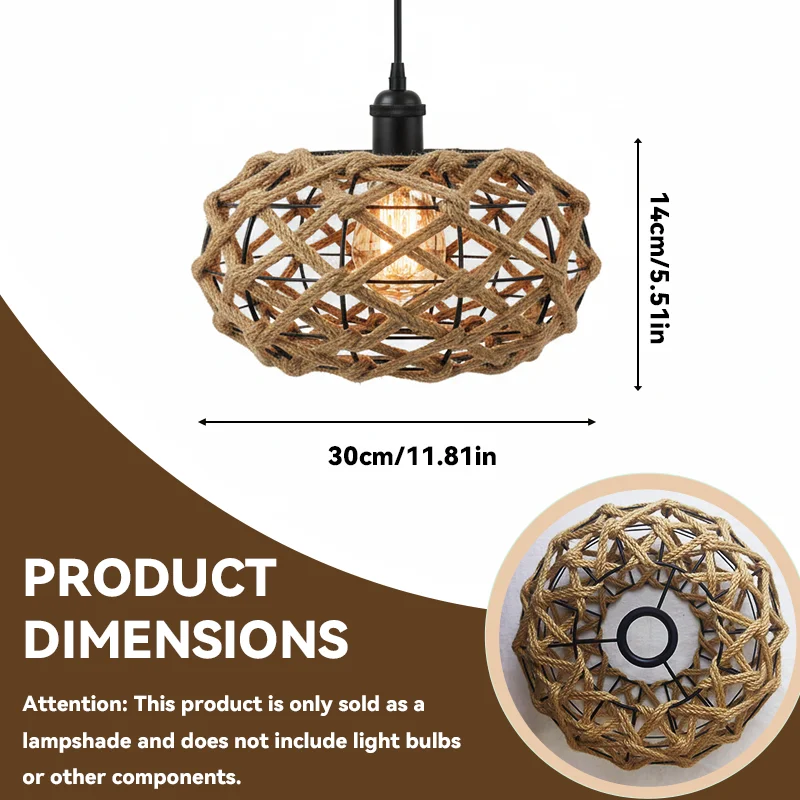Boho Hemp Rope Lamp Shade, Woven Metal Frame Oval Pumpkin Shade for Pendant Light E27