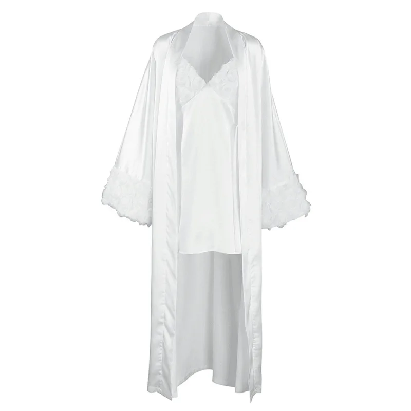2 Piece Women‘s Satin Ice Silk Robe Set | Sexy European-American Floral Style | Long Sleeve Robe + Cami Top Lightweight Breathab