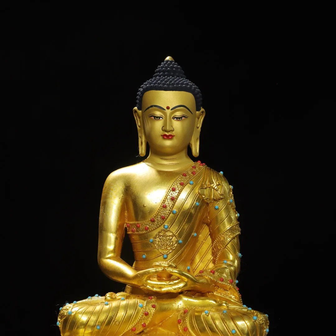 Tibetan antique brass gilt gemstone Sakyamuni big day Buddha statue ornament home hall offering supplies