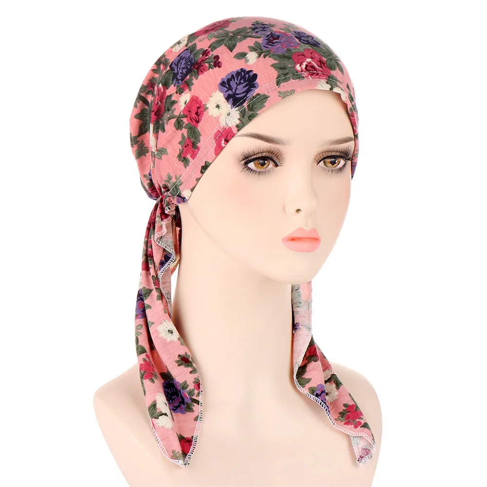 Hijab muçulmano pré-amarrado para mulheres, chapéu estampado com flores, turbante, tampa, perda de cabelo, lenço de cabeça, bandana, strech, câncer, quimioterapia, quimioterapia