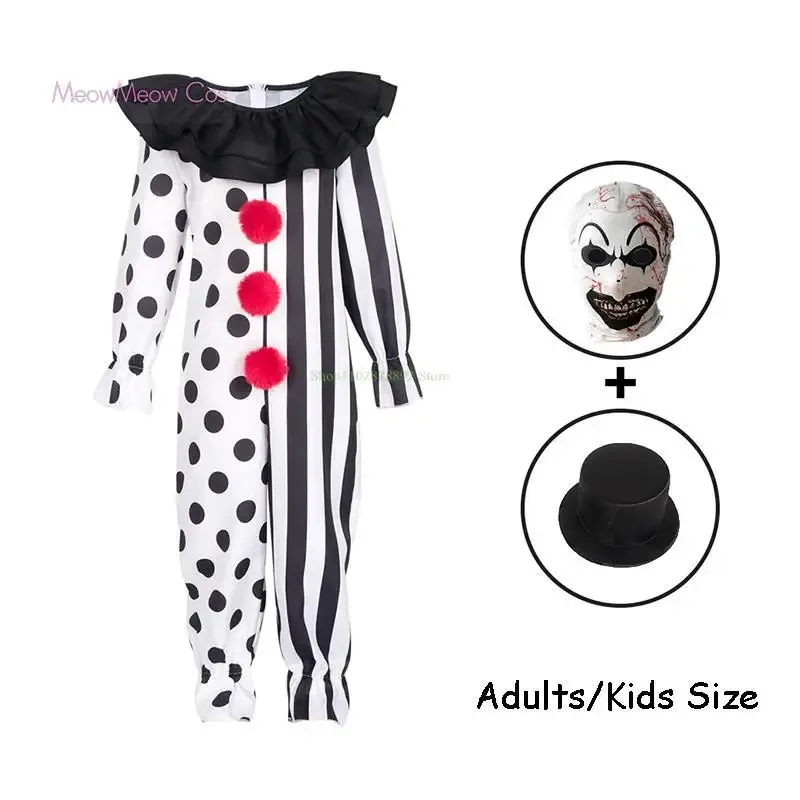 

Halloween Adult Kids Clown Joker Cosplay Costume Set Outfits Black White Jumpsuit Art Horror Scary Masquerade Bodysuit Party Set