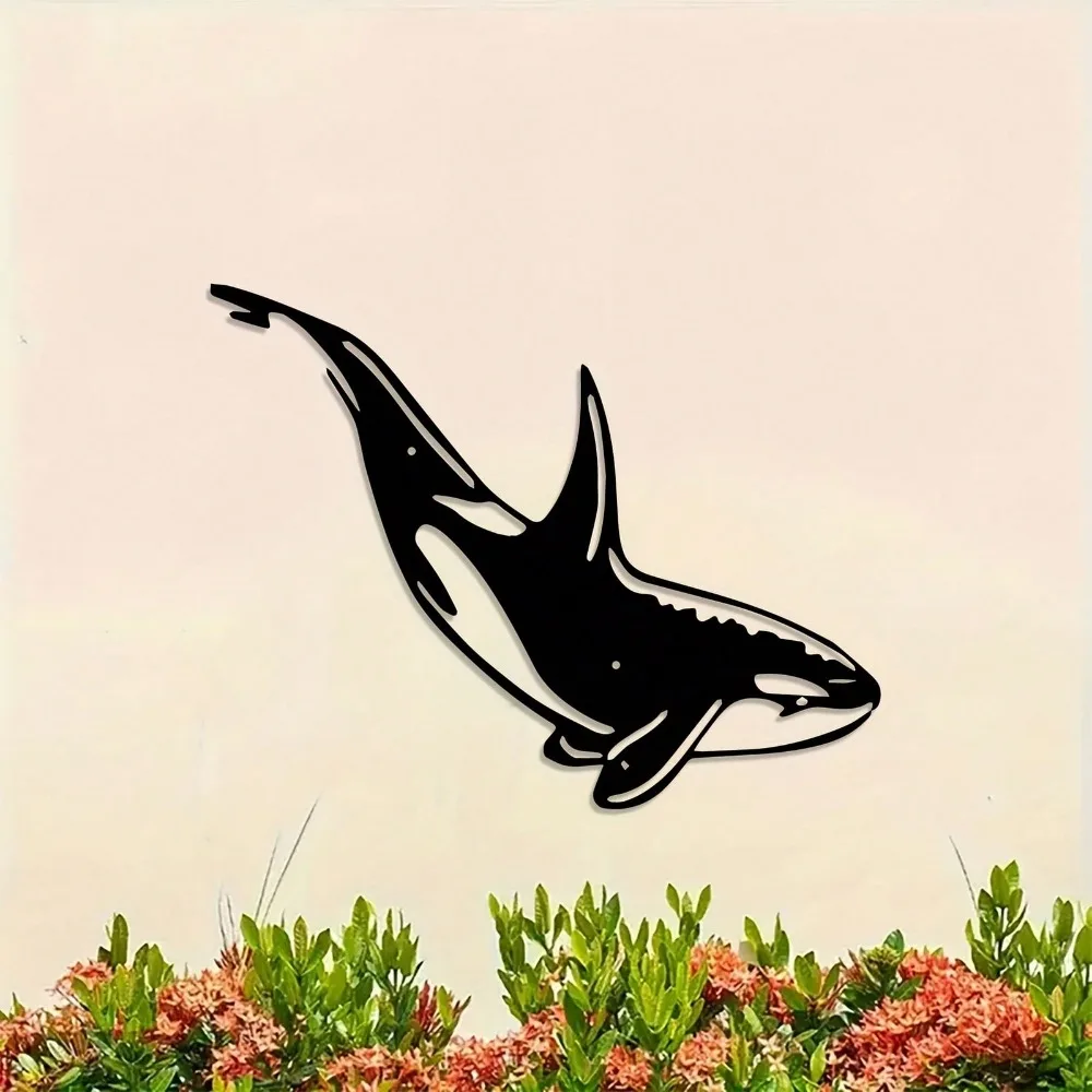 Powder-Coated Black Metal Killer Whale Wall Art Modern Orca Design Indoor Outdoor Minimalist Wall Hanging Decor