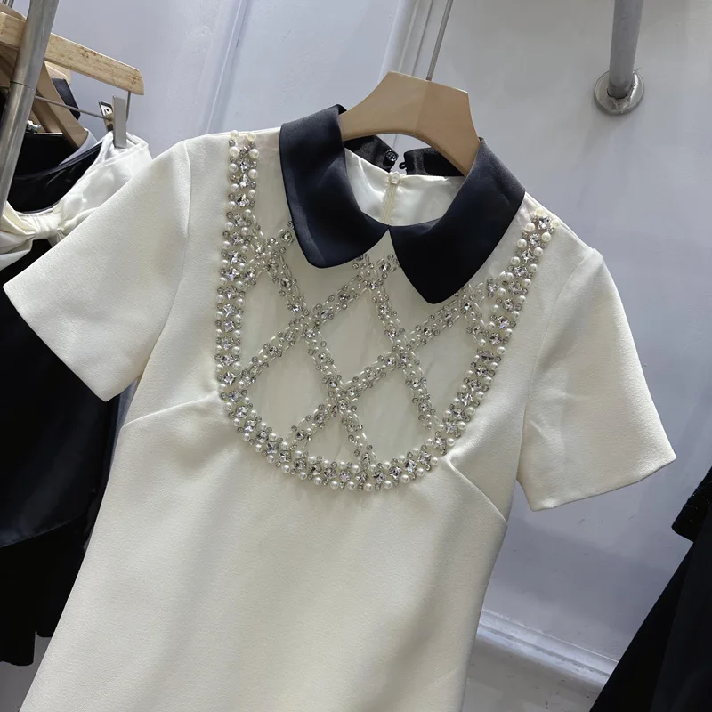 Bead drill pearl decoration color lapel short-sleeved high-waist dress