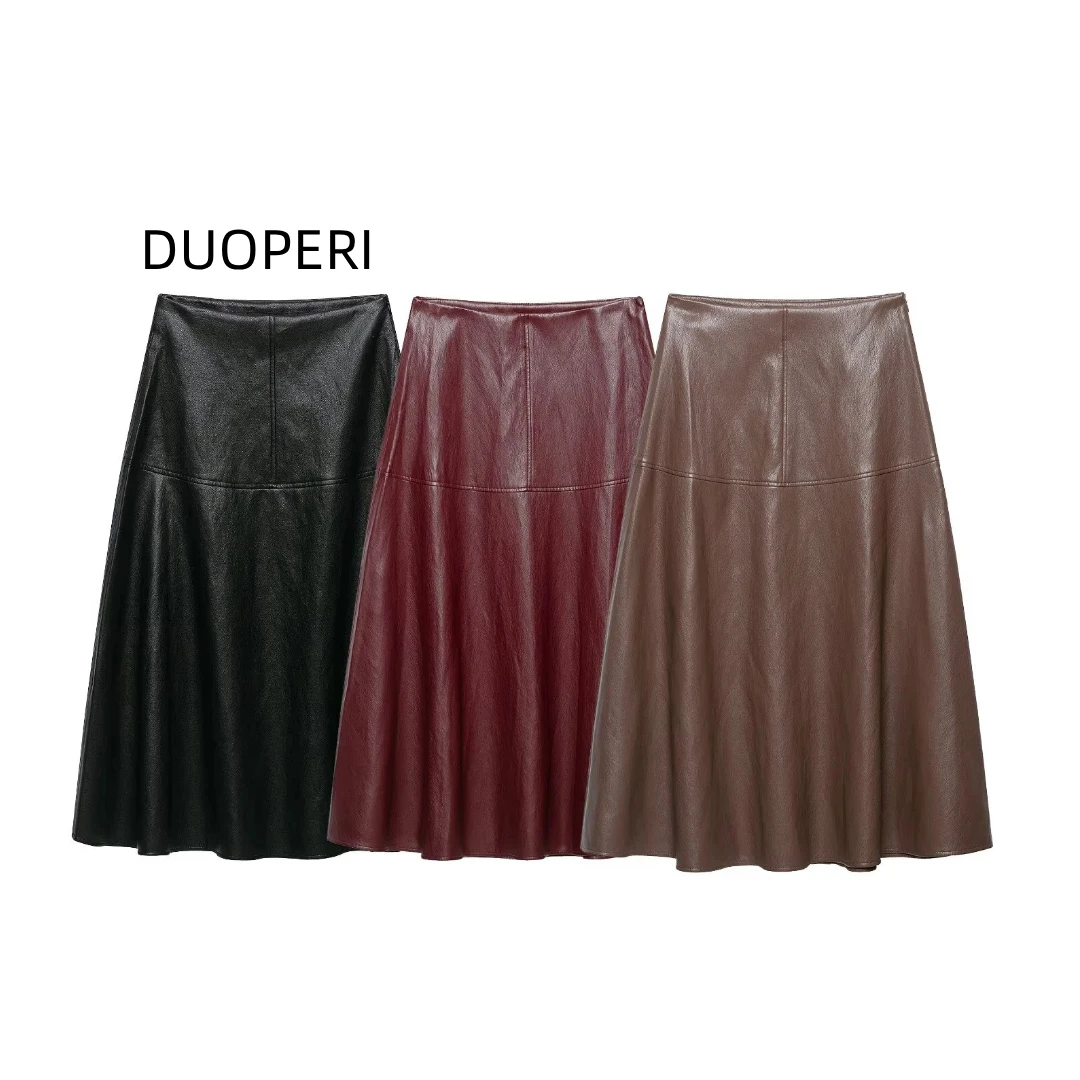 DUOPERI Women French Style Slimming A-line Flared Midi Skirt High Waist Female Chic Lady Sophisticated Faux Leather Skirt
