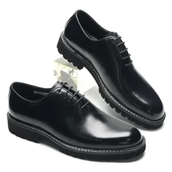 Elegant Black Men's Dress Shoes High Quality Genuine Natural Whole Leather Man Sneakers Social Business Office Round Toe Oxfords