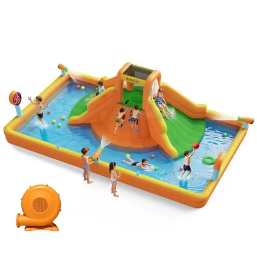 

Inflatable Water Slide Multifunctional Water Park for Backyard with Double Wide Slides Climbing Wall Basketball Hoop 3 Water Ca