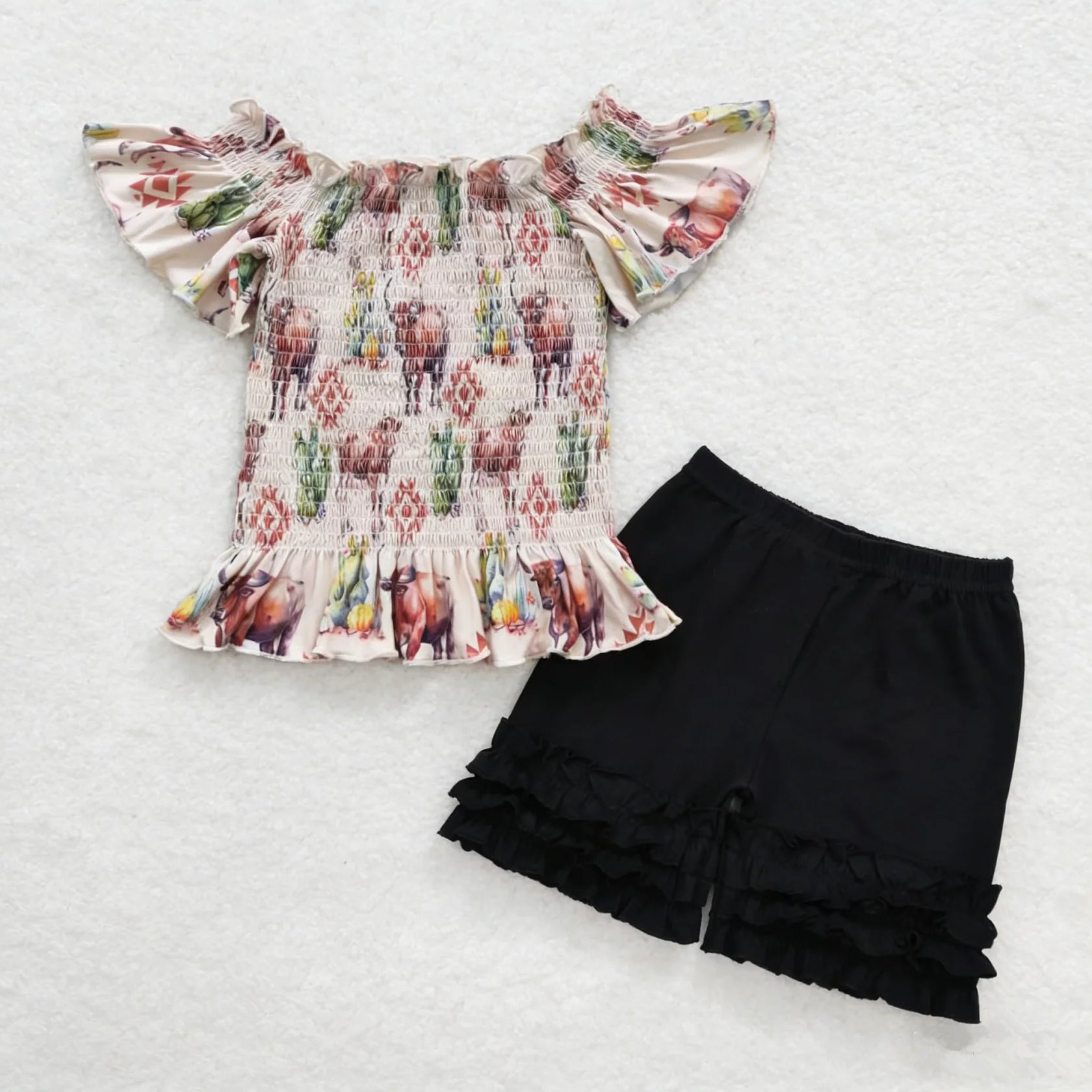 Wholesale Baby Girl Western Set Children Toddler Short Sleeves Cow Cactus Tunic Black Shorts Outfit Kids Girls Summer Clothes