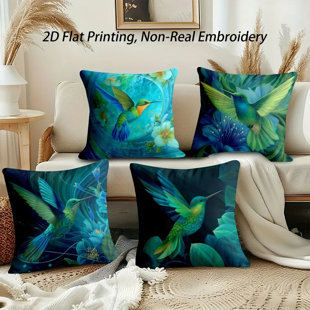 Vibrant Hummingbird Floral Pillowcase Set 4pcs Square Aesthetic Cushion Covers for Bed Decorative 40x40cm Nature Art