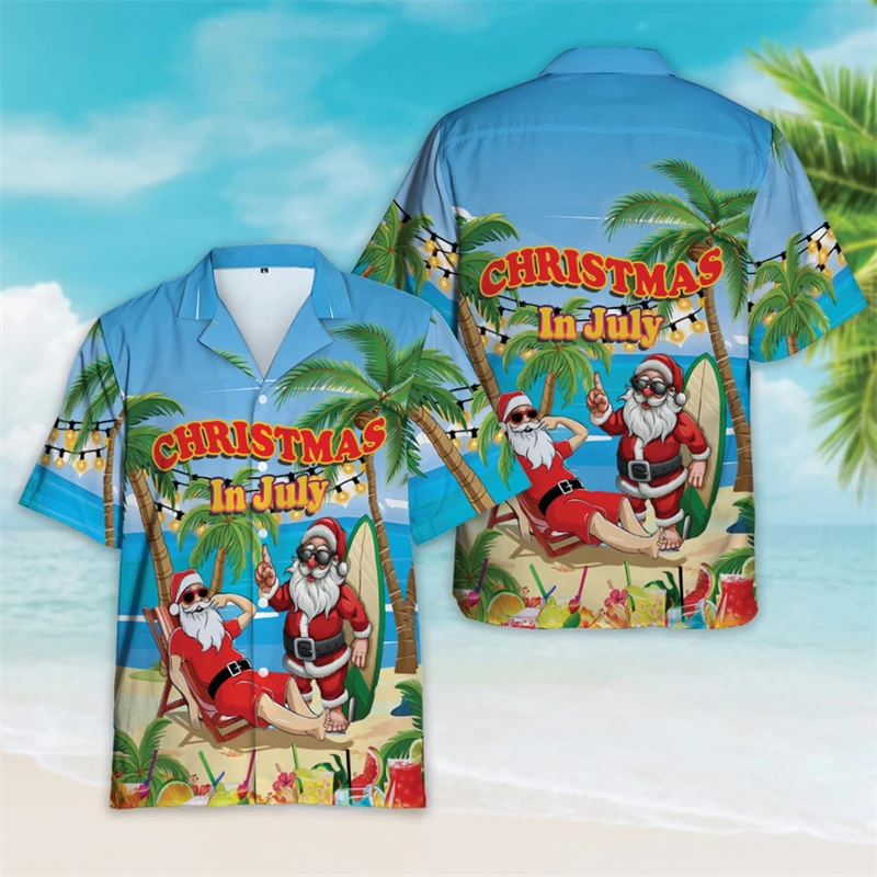 

Christmas In July Graphic Shirts For Men Clothes Hawaiian Happy Xmas Beach Shirt Cartoon Santa Claus Short Sleeve Boy Gift Tops