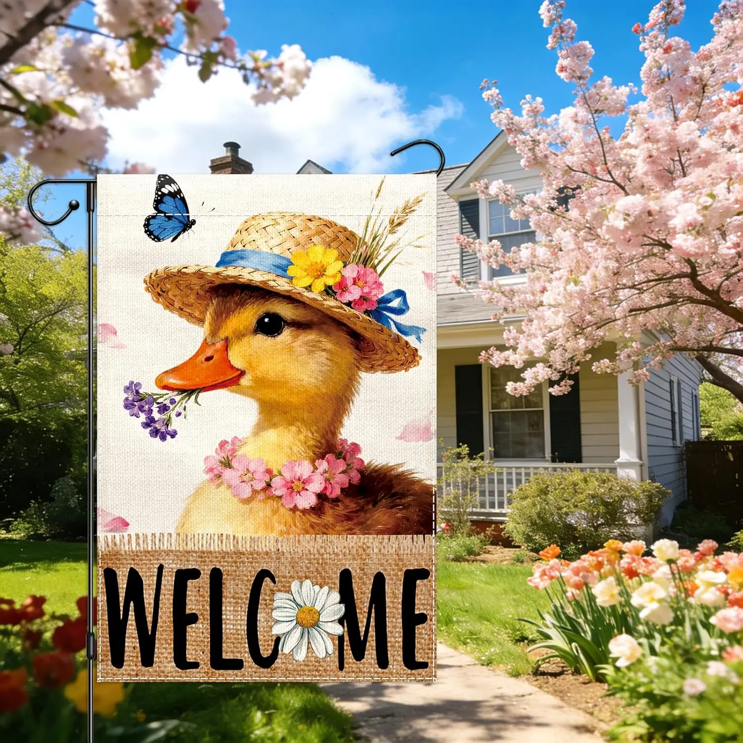 Welcome Duck Garden Flag 12x18 Inch Double-Sided, Funny Silly Goose Yard Flag for Outside, Small Burlap Flags for Holiday Fr PPM