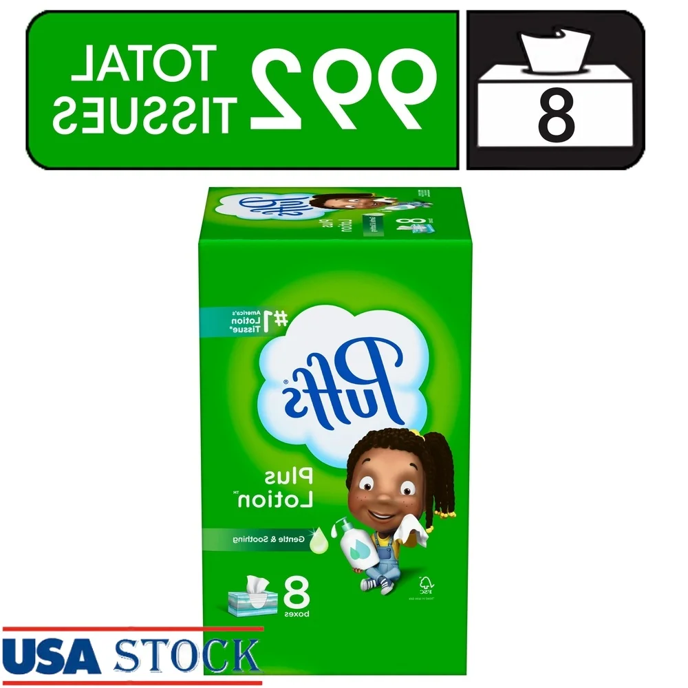 

Plus Lotion Facial Tissue 8 Family Boxes 124 Tissues Each Gentle Soft Moisture Locking 2-Ply Unscented Comfort Sensitive Skin