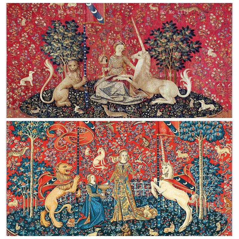 Mille Fleur Style The Lady And Unicorn Sense Of Touch Taste Smell Hearing Sight Antique Medieval Flannel Floor Rug By Ho Me Lili