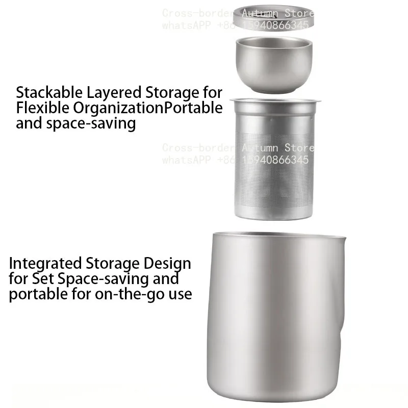 Titanium-plated stainless steel portable travel tea set, including teapot and double-walled tea cups,