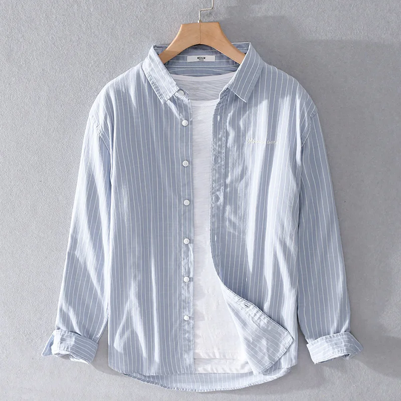 

2022 New Stripe Men's Long Sleeve Shirt Fresh Literature Style Korean Cotton Casual Fashion Men's Shirt