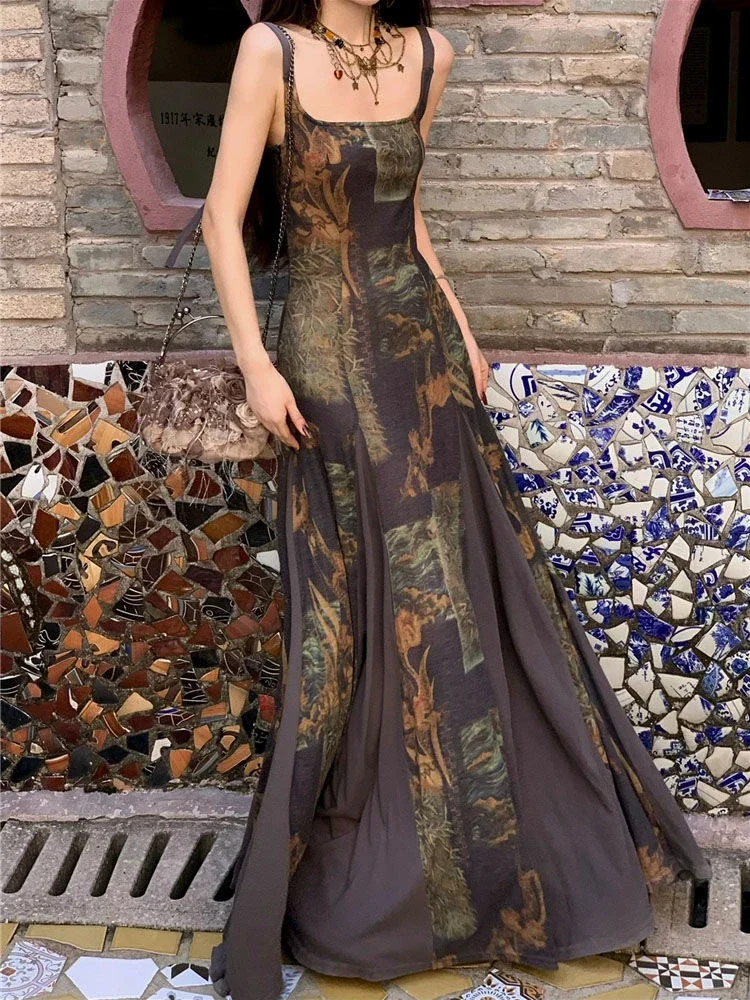

2025 Summer Y2k Aesthetic Long Print Dress Streetwear Vintage Patchwork Women Sexy Dresses Streetwear Slim Waist Grunge Vestidos