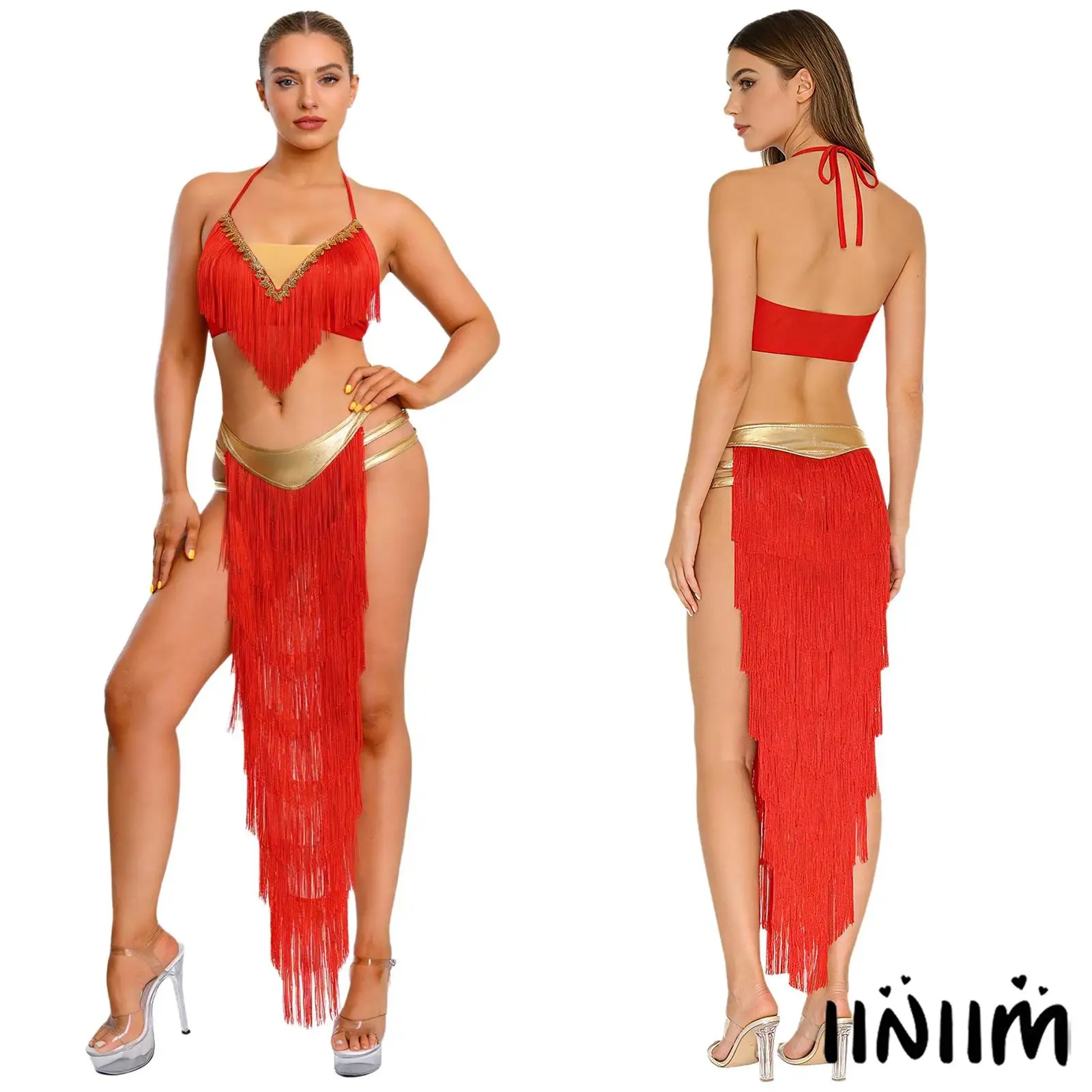 

Женский костюм для танца живота: укороченный топ с бахромой и золотой отделкой, многоярусная юбка с кисточками и встроенными трусиками для сцены и вечеринок