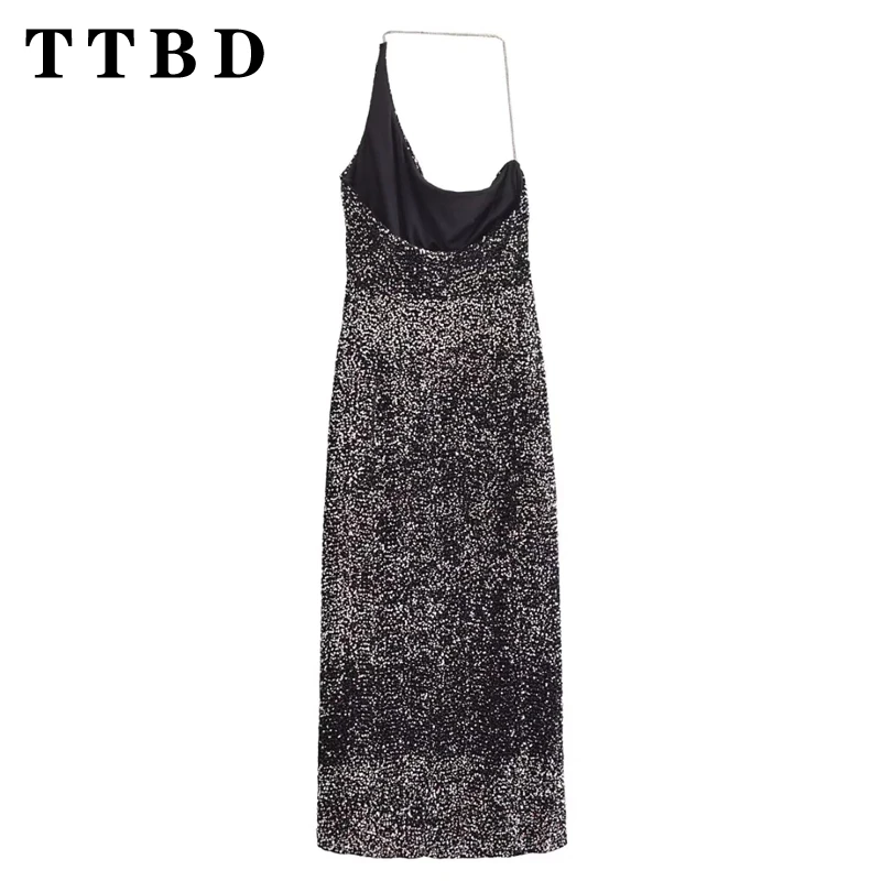 TTBD 2024 Autumn New Female Glamorous Halter Collar Midi Skirt Dress Elegant Woman's Sleeveless Top Regular Fit Sequins Dresses