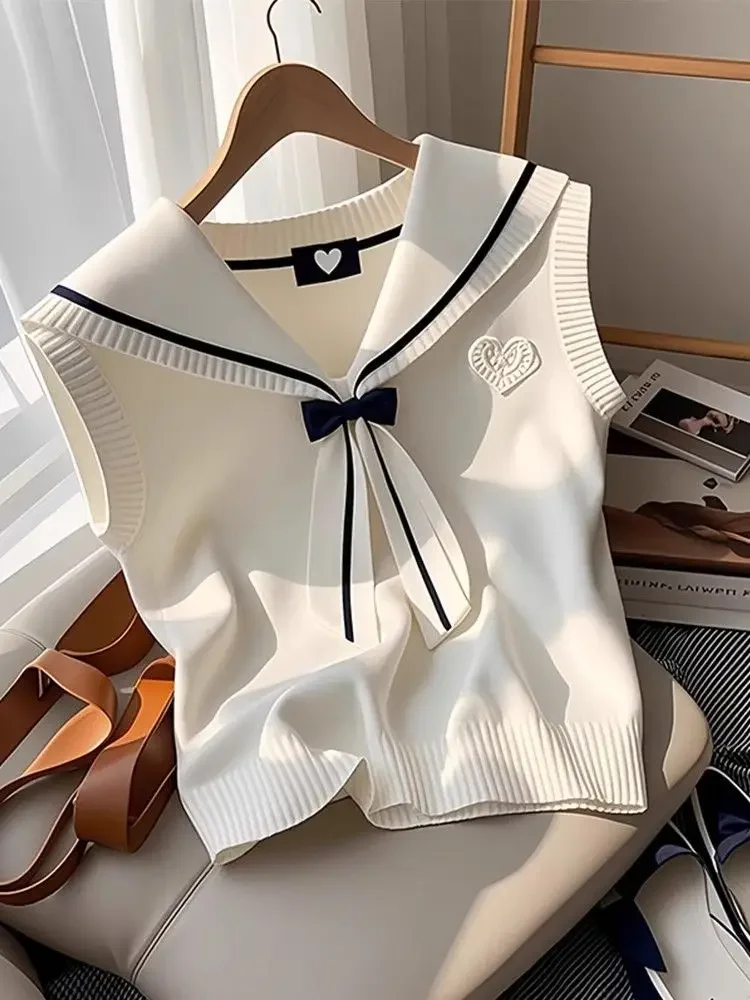 

Вязаный жилет с воротником темно-синего цвета, женский весенне-летний новый нежный утягивающий повседневный топ с колючками на плечах для поездок на работу