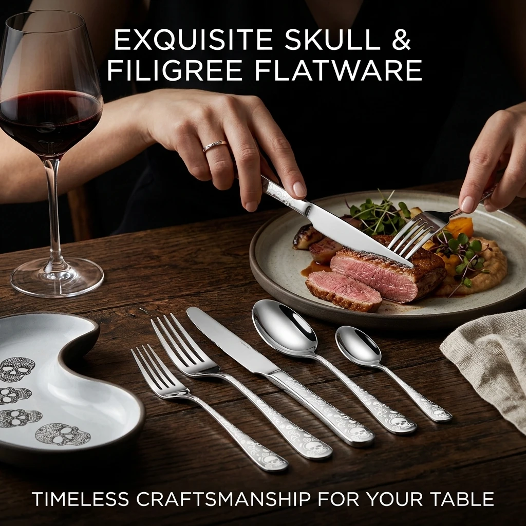 5pcs Cutlery Set,Halloween Themed Skull Tableware,Stainless Steel Knife,Fork,Spoon Cutlery For Gothic Themed Dining Table Setup