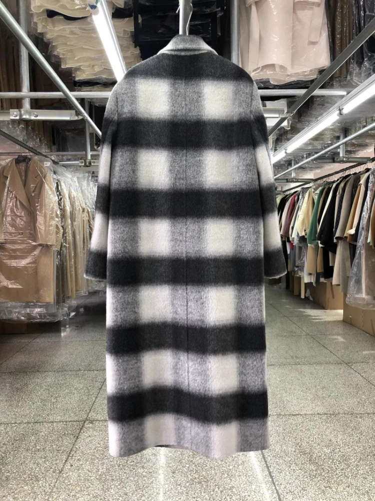 New Plaid Women Natural Wool Double-sided Coat Long Temperament Lapel Long Sleeve Loose Fashion Woolen Jacket Warm Autumn Winter