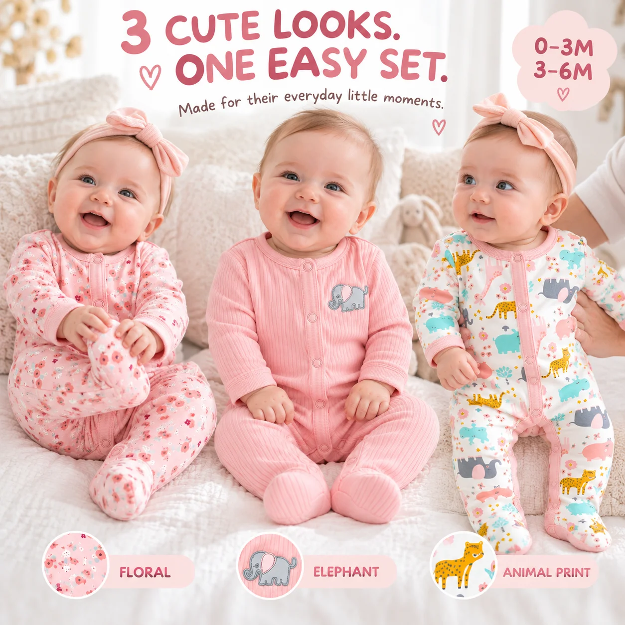 3Pcs Baby Girl Rompers Long Sleeve Footed Jumpsuits Newborn Infant Clothes Floral Elephant Animal Print Bodysuits 0-6M