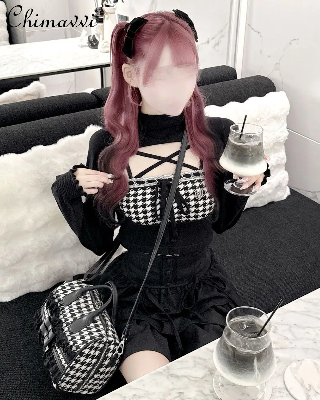 اليابانية الحلو فتاة Y2K سترة الخريف والشتاء موضة جديدة لطيف houndstooth و الجوف خارج التعادل محبوك سترة مجموعة للنساء #4