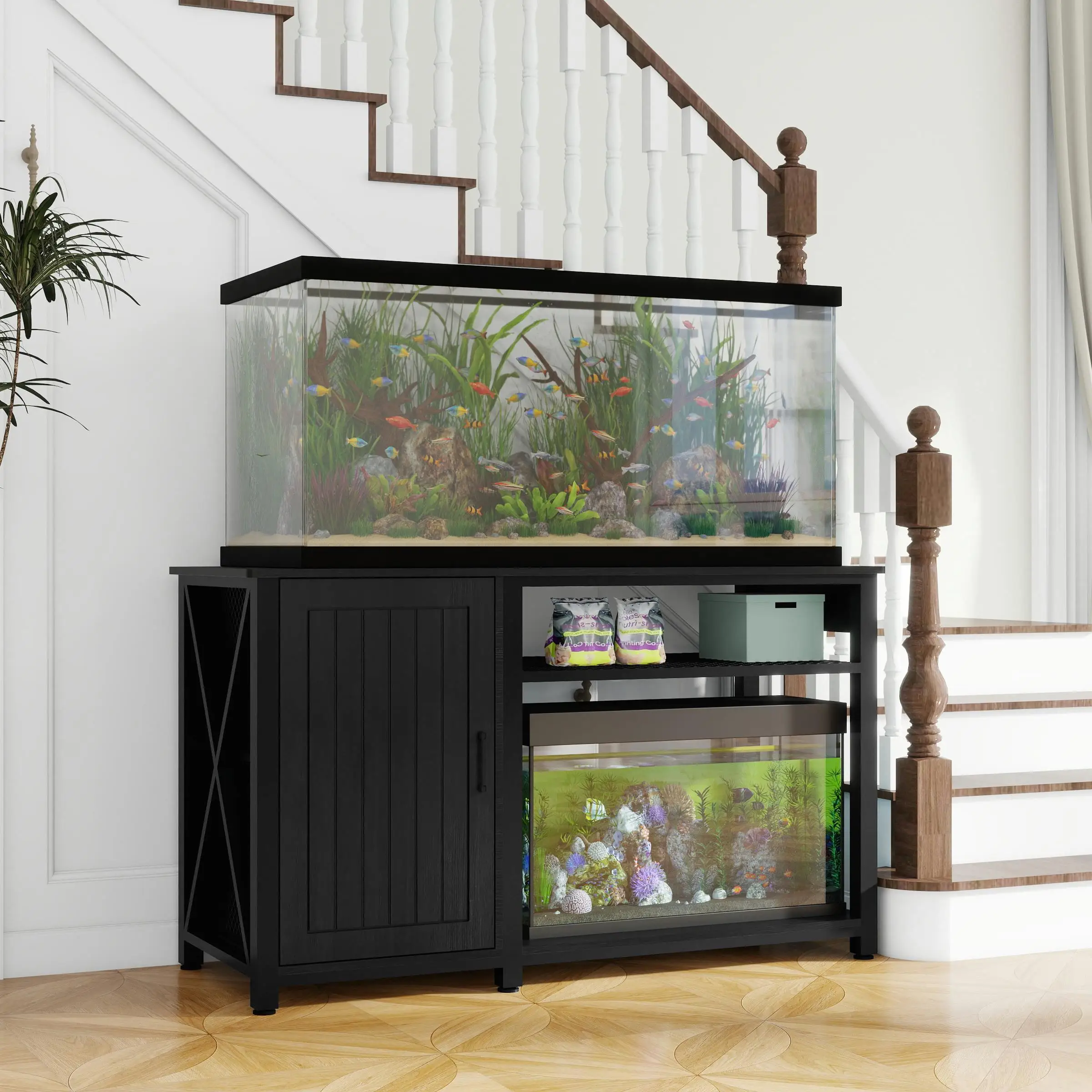 Sturdy 55-75 Gallon Aquarium Stand with Power Outlets & Storage Cabinet - Metal for fish Tank Stand for Up to 880LBS, Black