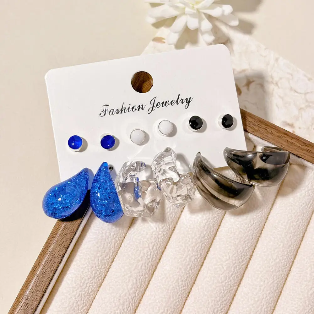 6Pairs Colorful Acrylic Hoop Stud Earrings Set Multicolor Resin Earring Kit Fashion Women Daily Party Jewelry Gift