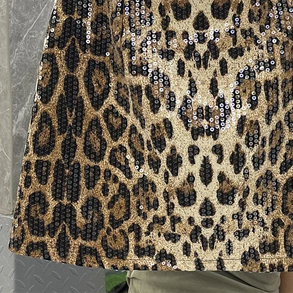 Trendy Sequined Leopard Print Skirt for Women Sexy Spicy Girl High Waist A Line Hip Short Skirt Casual Street Khaki Black