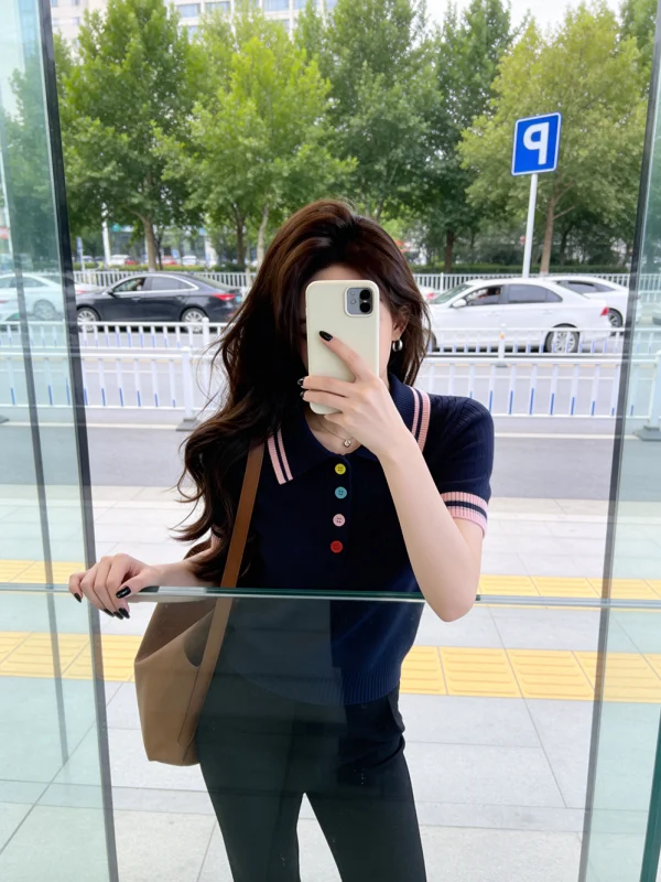 

Синяя женская футболка с коротким рукавом, на пуговицах, в стиле колор-блок, летняя, в корейском стиле, милый топ, повседневная, свободного кроя, вязаная.