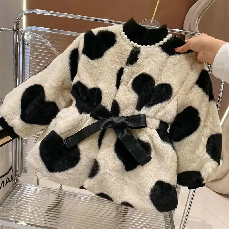 Cow Dot Unhooded Coat 2023 Winter New Top Girls\' Coat Love Clip Cotton Wool Fashion Warm Thickened Cotton Coat