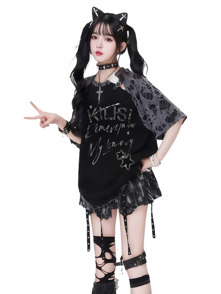 

Short Sleeve T-Shirt Women's Summer Large Size Black Niche Ripped Design Loose Casual Spice Girl Top Fashion Trend Streetwear