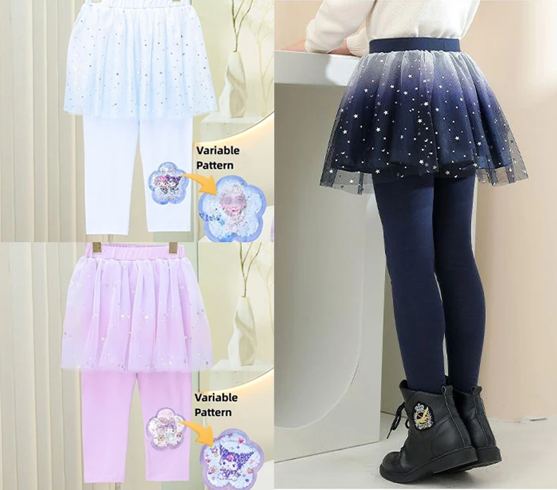 Sanrios My Melody Kuromi Variable Pattern Kids Leggings Color Pattern Changing Girls Culottes All-Match Casual Pants Mesh Skirt