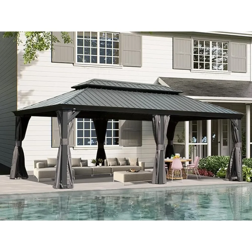 14x20FT hardtop pavilion, metal pavilion with double layered roof and aluminum frame, curtains and mesh for terrace garden