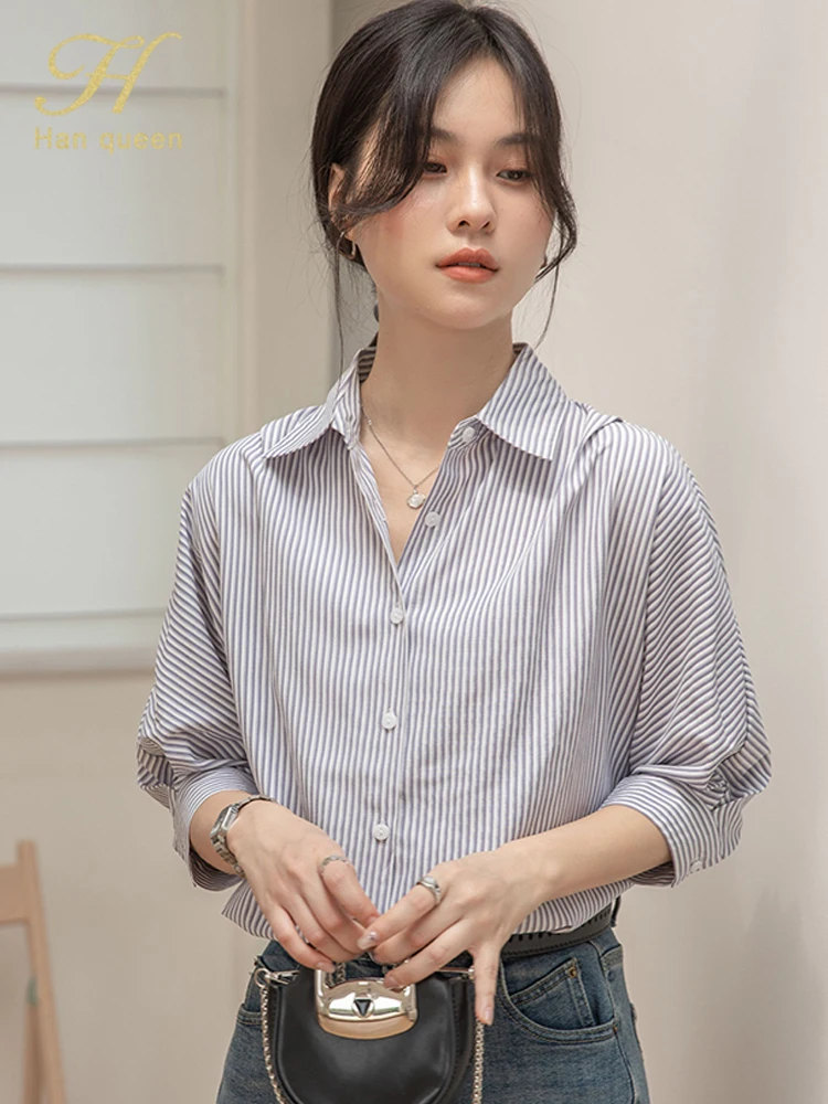 

H Han Queen New Autumn Female Shirt 3/4 Sleeve Casual Tops Chic Stripe Loose Women Blouses Woman Clothing Korean Office Blouse