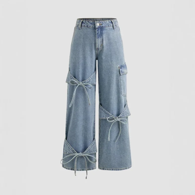 Street Hot Girls Casual Loose Wide-leg Jeans.  Ladies Four Seasons New Fashion Lace-up Bow Design Sense Washed Straight-leg Jean