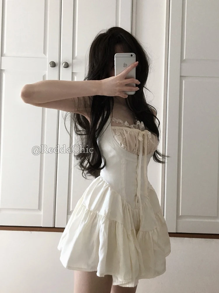 REDDACHiC Conquete Cream-white Rompers Summer Flowers Lace Corset Square Neck Button Down Cami Short Dress Retro Women Clothes