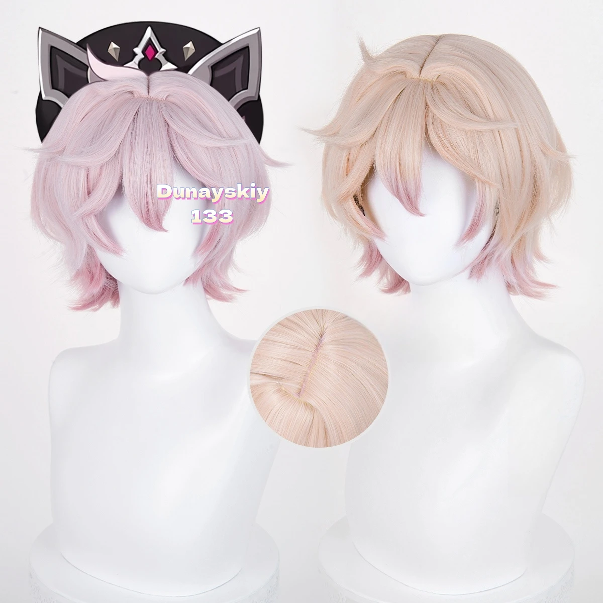 جينشين إمباكت داليا شعر مستعار كوسبلاي - 30 سم قصير وردي-رمادي متدرج، شعر صناعي مقاوم للحرارة + غطاء شعر مستعار كوسبلاي