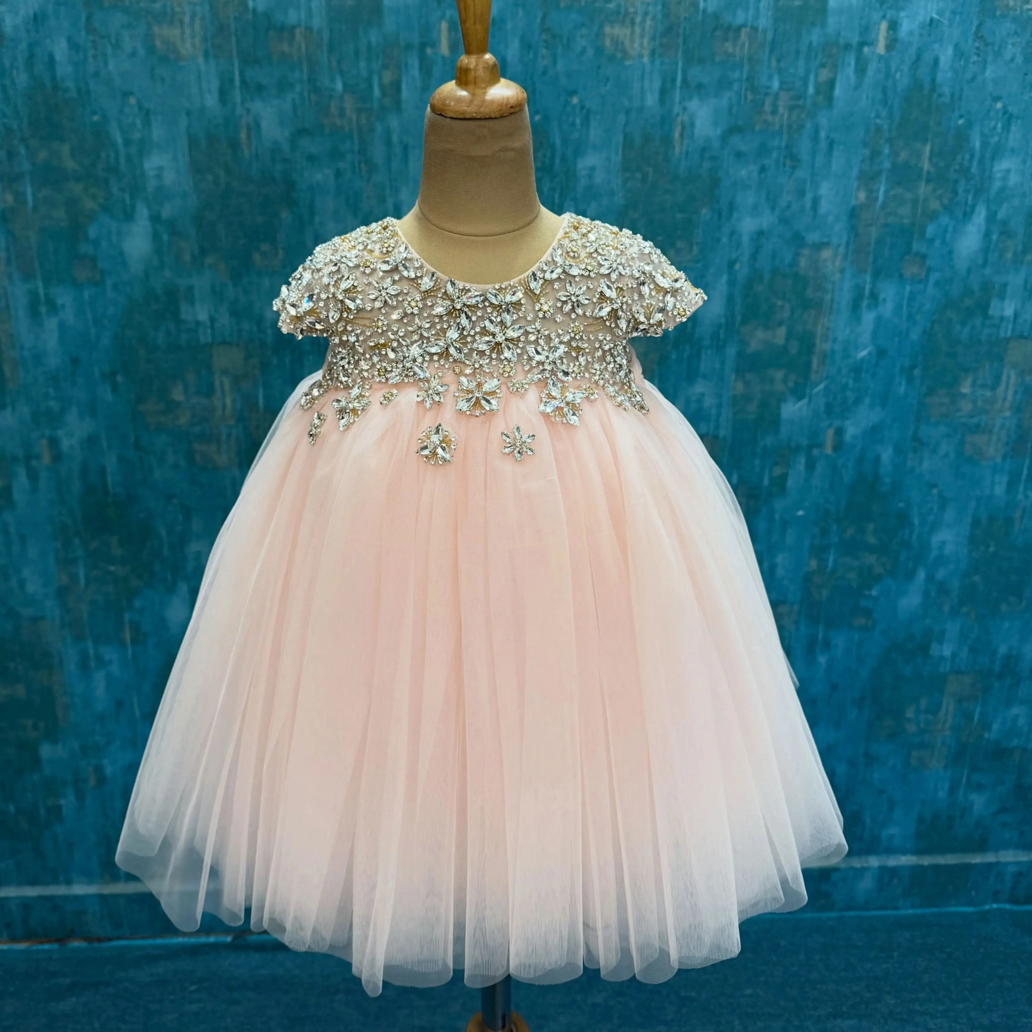 Blush Pink Crystal Flower Girl Dress for Weddings Tulle Long Flower Girl Dresses Customized Girl Party Gown