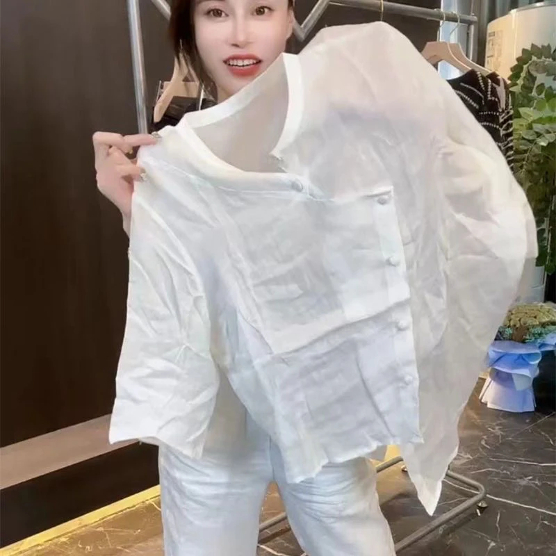 

plus Size Asymmetric Slit Sun Protection irt Casual Loose Thin Women's irt Summer New Sle Slimming Top Fem Clothing