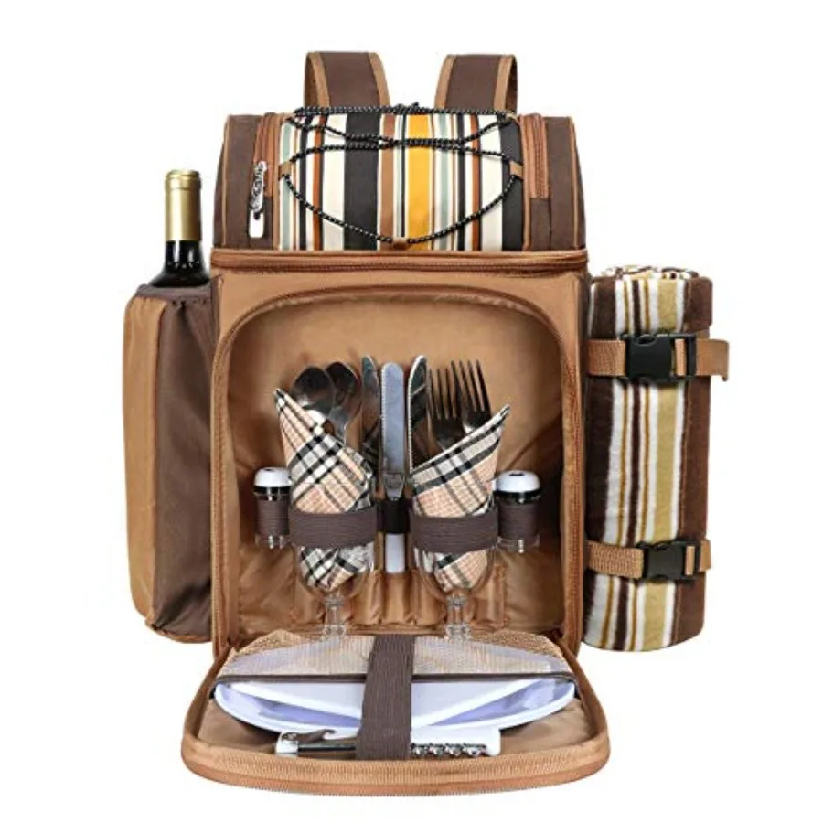 

Picnic Basket Backpack for 2 Person: insulated cooler compartments, wine holder, fleece blanket, cutlery set, wedding gift for