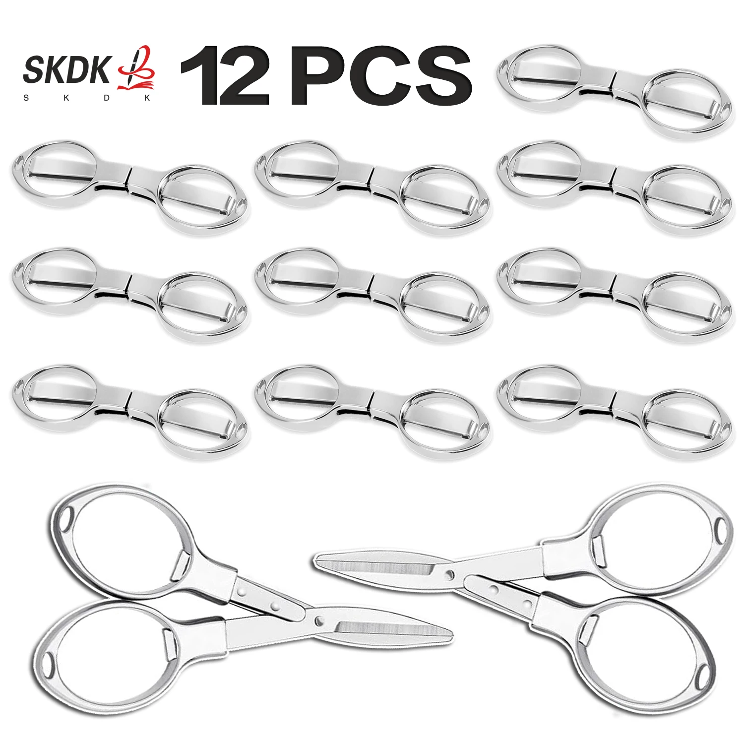 12Pcs Foldable silver scissors with stainless steel blades and a plastic handle. Ideal for school, office, home, and DIY crafts