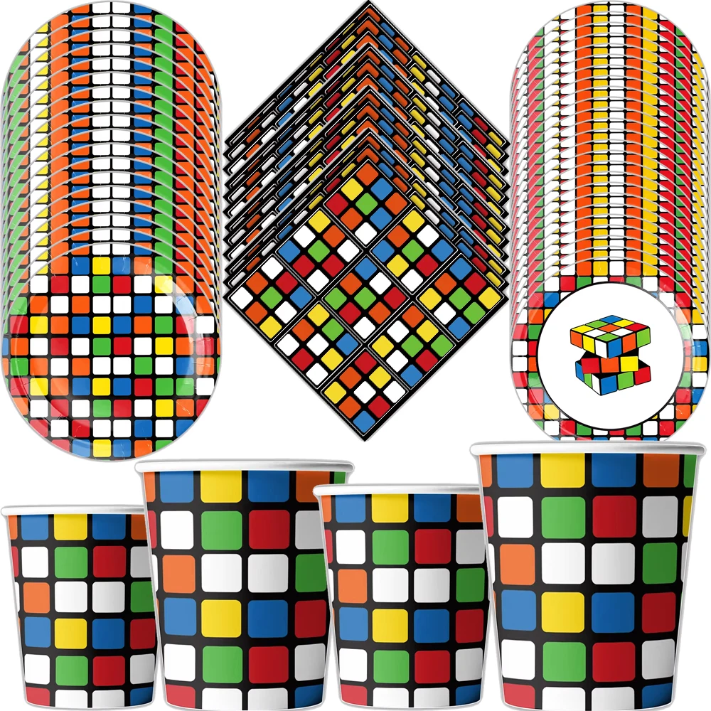 Rubik's Cube Birthday Party Decoration Disposable Dinnerware Block Tableware Paper Plate Tablecloth Kids Baby Shower Supplies