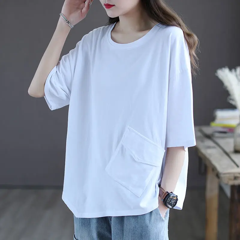 2024 Summer New Tees Fashion Casual Cotton Spliced Pockets Loose Thin Crew Neck Short Sleeve Solid Color All-match T-Shirts Tops