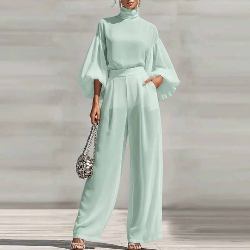 Chic Solid High Waist Office Commute Outfit Elegant Chiffon Stand Up Collar Splicing Suit Casual Bubble Sleeve Top+Pants 2pc Set