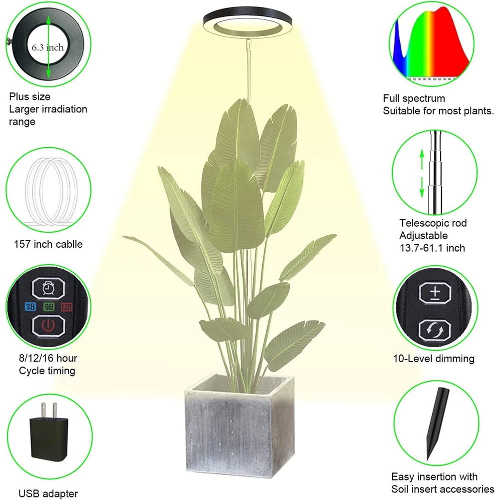 Altura ajustável LED Ring Grow Lights, Espectro completo, Luz de planta grande para plantas de interior, USB Growing Lamp, 165cm