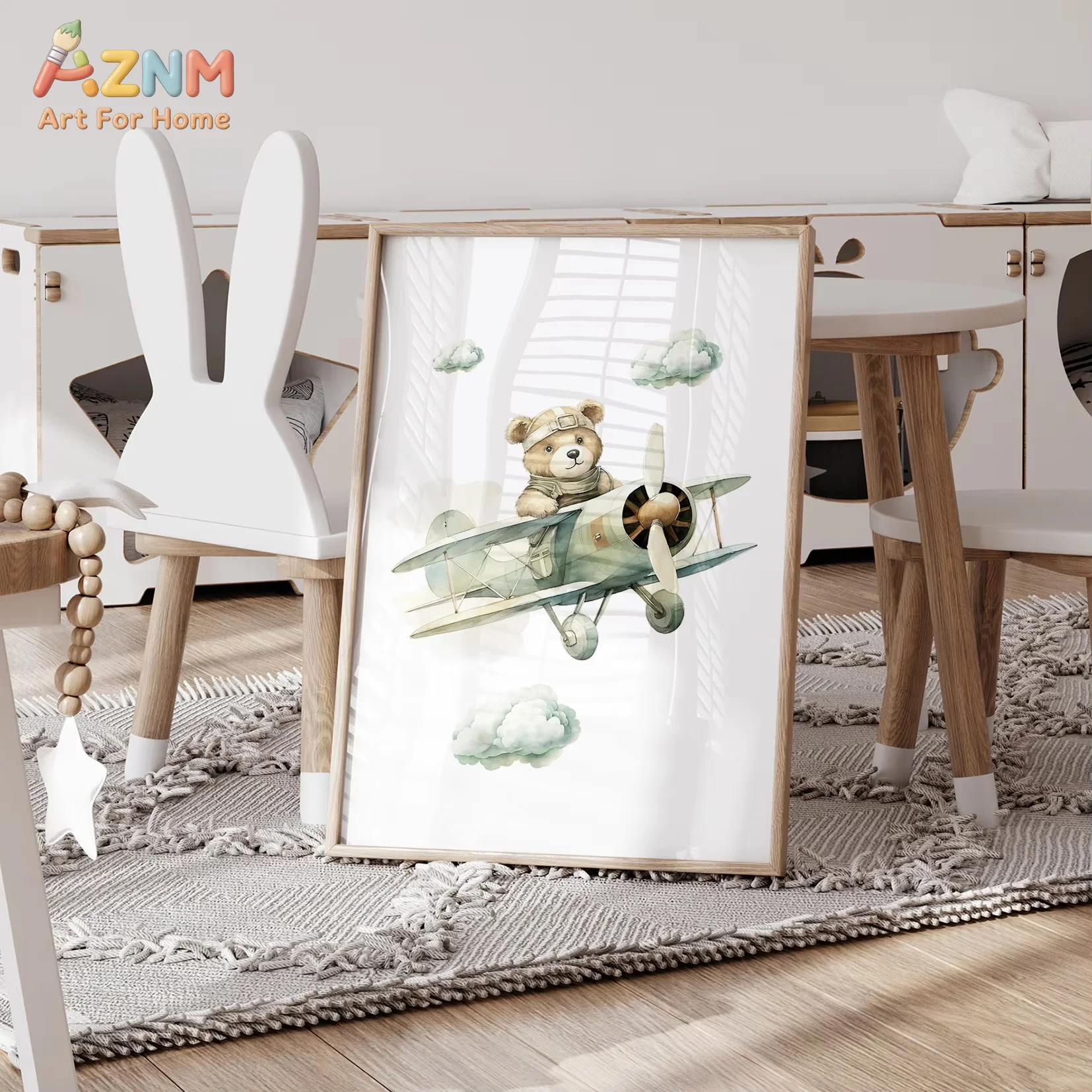 AZNM Cartoon Children Green Teddy Bear Hot Air Balloon Wall Art Prints Canvas Painting Poster Picture For Living Room Home Decor